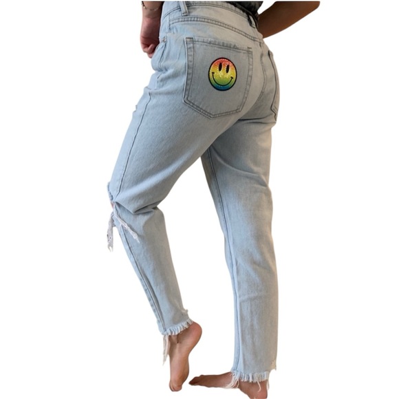 PacSun Denim - Host Pick! Sequin Smiley Face Patch Distressed Jeans Light Wash Boyfriend Jeans